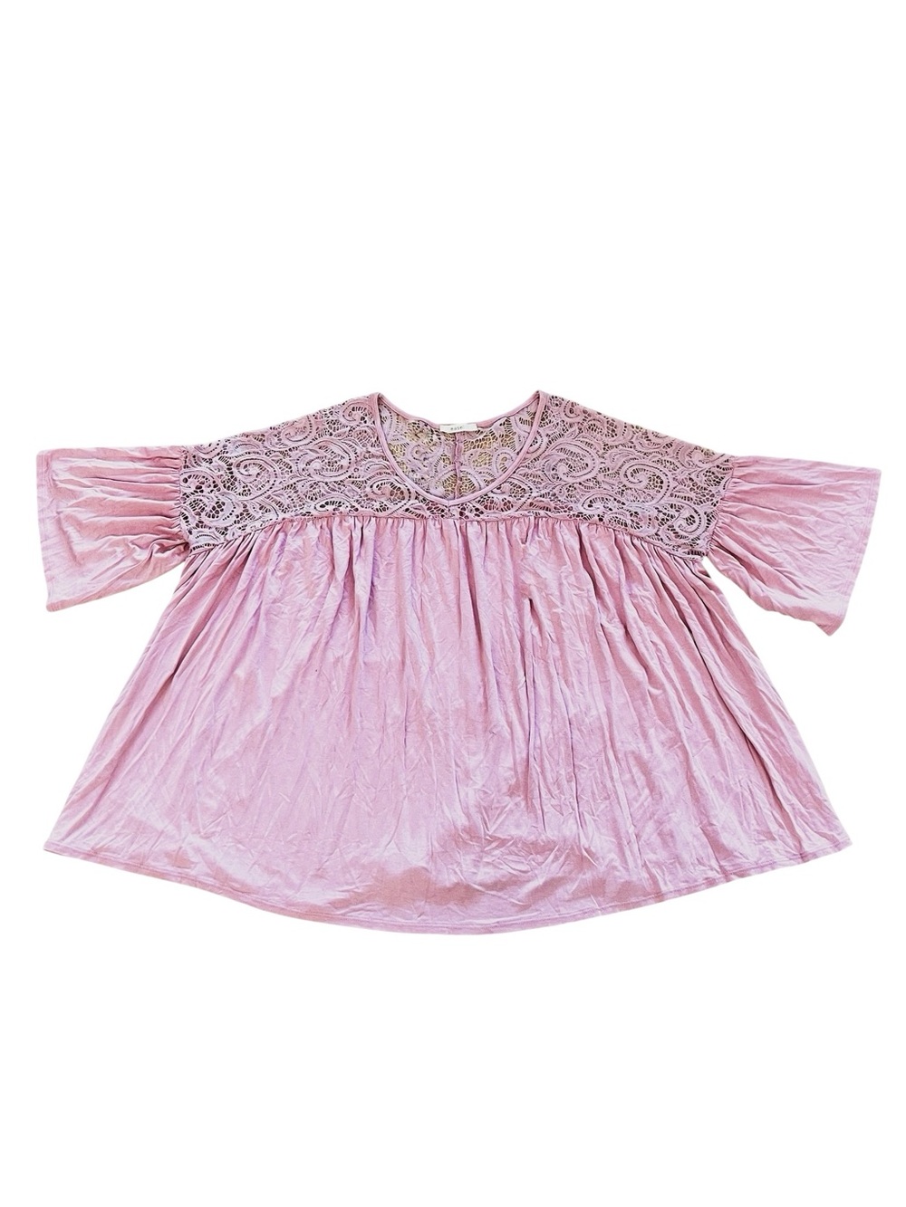 NEW easel Light Pink Lace Shoulder Bodice V Neck Bell Sleeve Comfy Top T-shirt - Picture 3 of 4